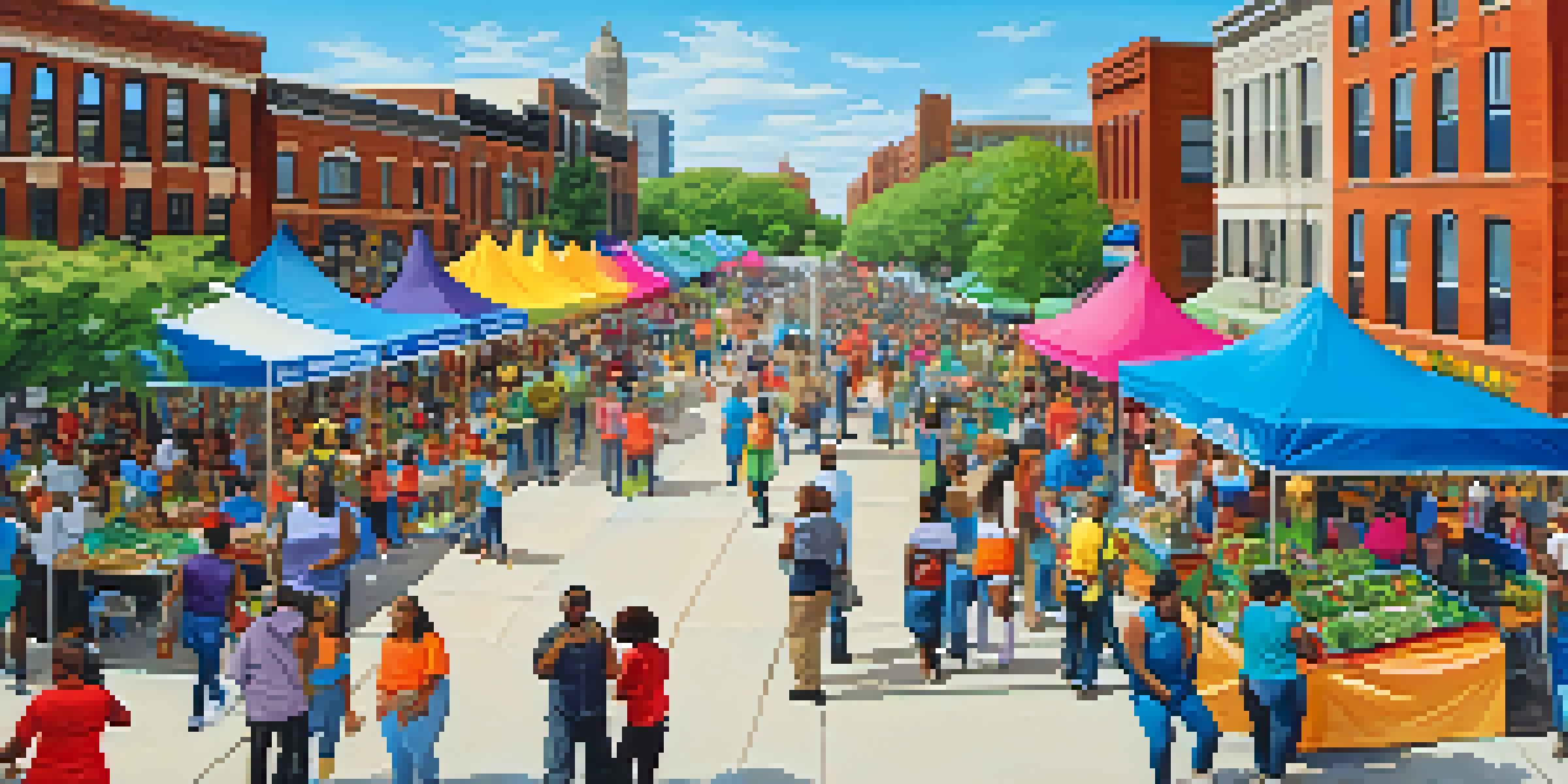 A lively community health fair in Chicago with various booths, families participating in activities, and colorful banners promoting health.