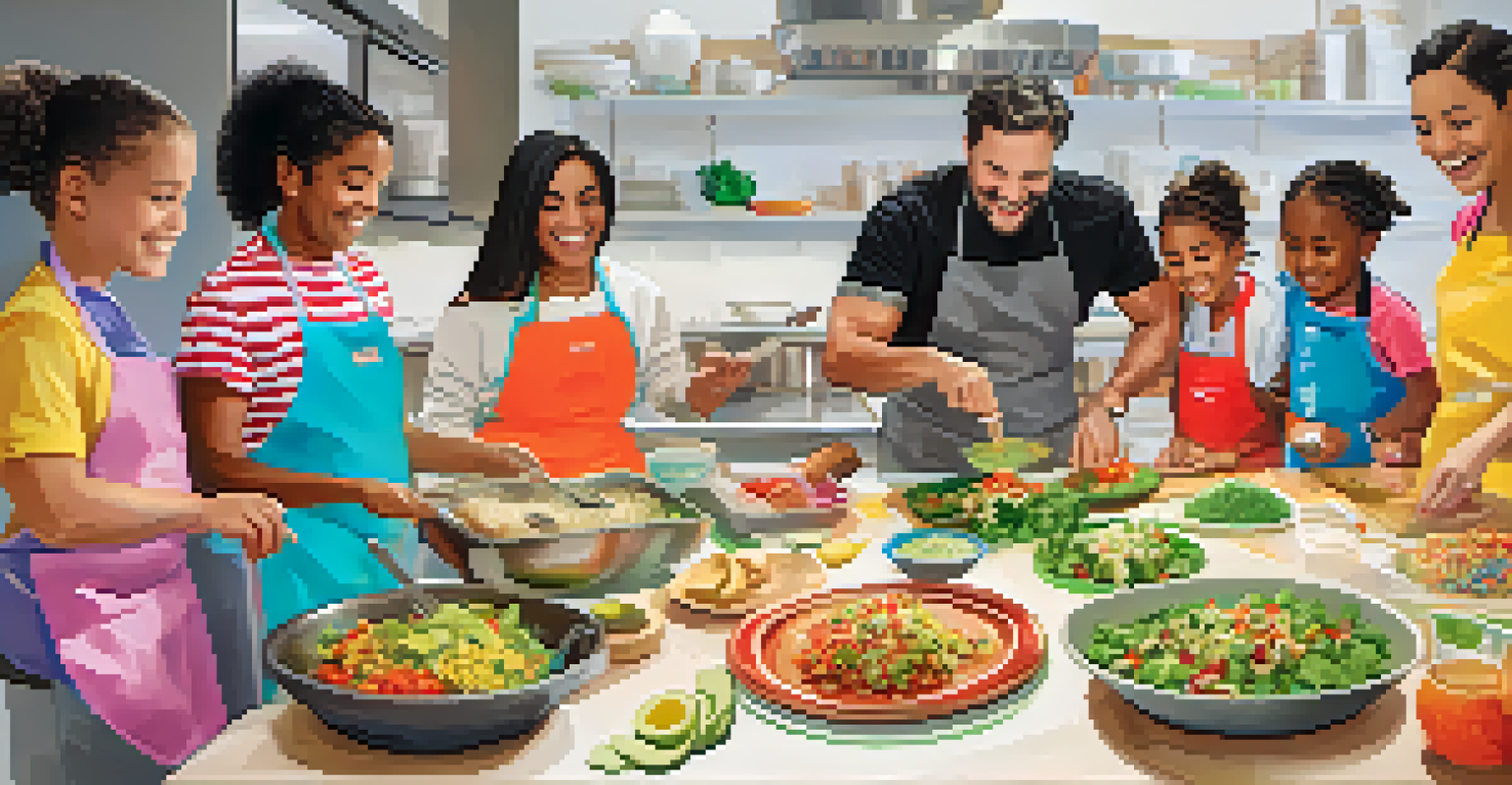 A family cooking class at a food festival, with children and parents happily making tacos under the guidance of a chef.