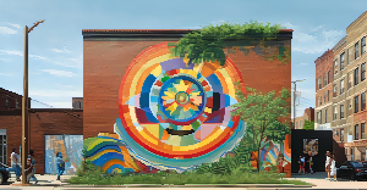 A vibrant mural on a brick wall in Logan Square, showcasing abstract art that represents the neighborhood's cultural diversity, surrounded by greenery.
