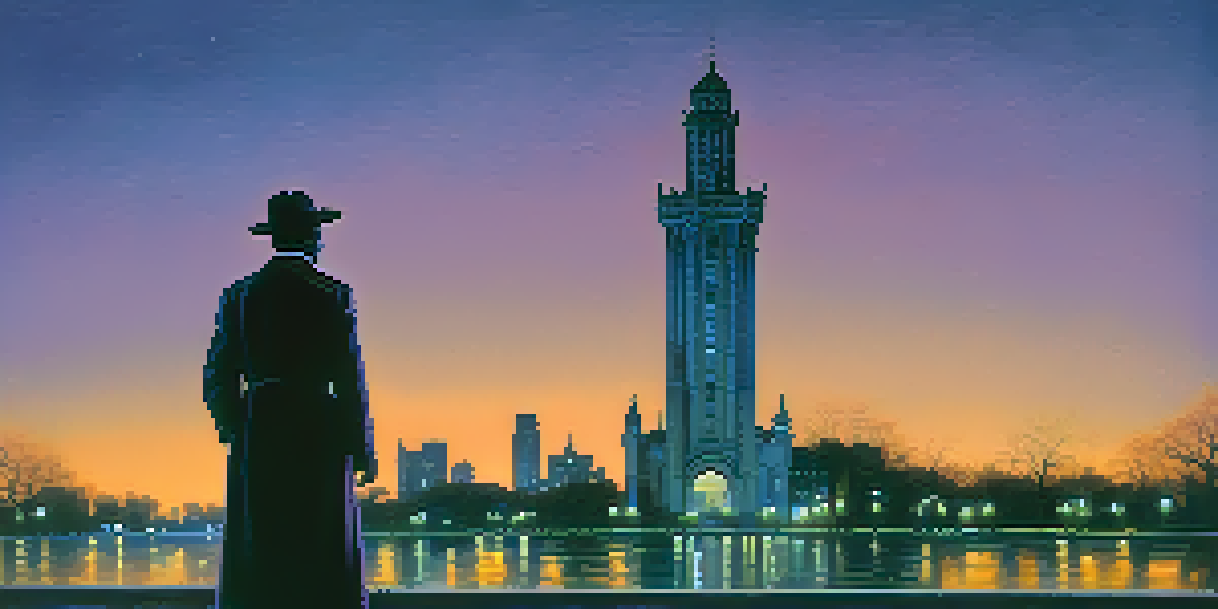 A translucent ghostly figure in vintage clothing near the illuminated Chicago Water Tower at twilight.