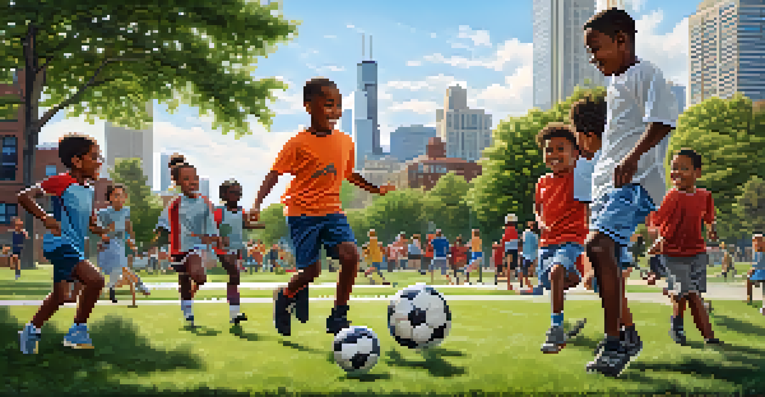 A young child practicing soccer in a Chicago park, surrounded by diverse children playing together, with city buildings in the background.