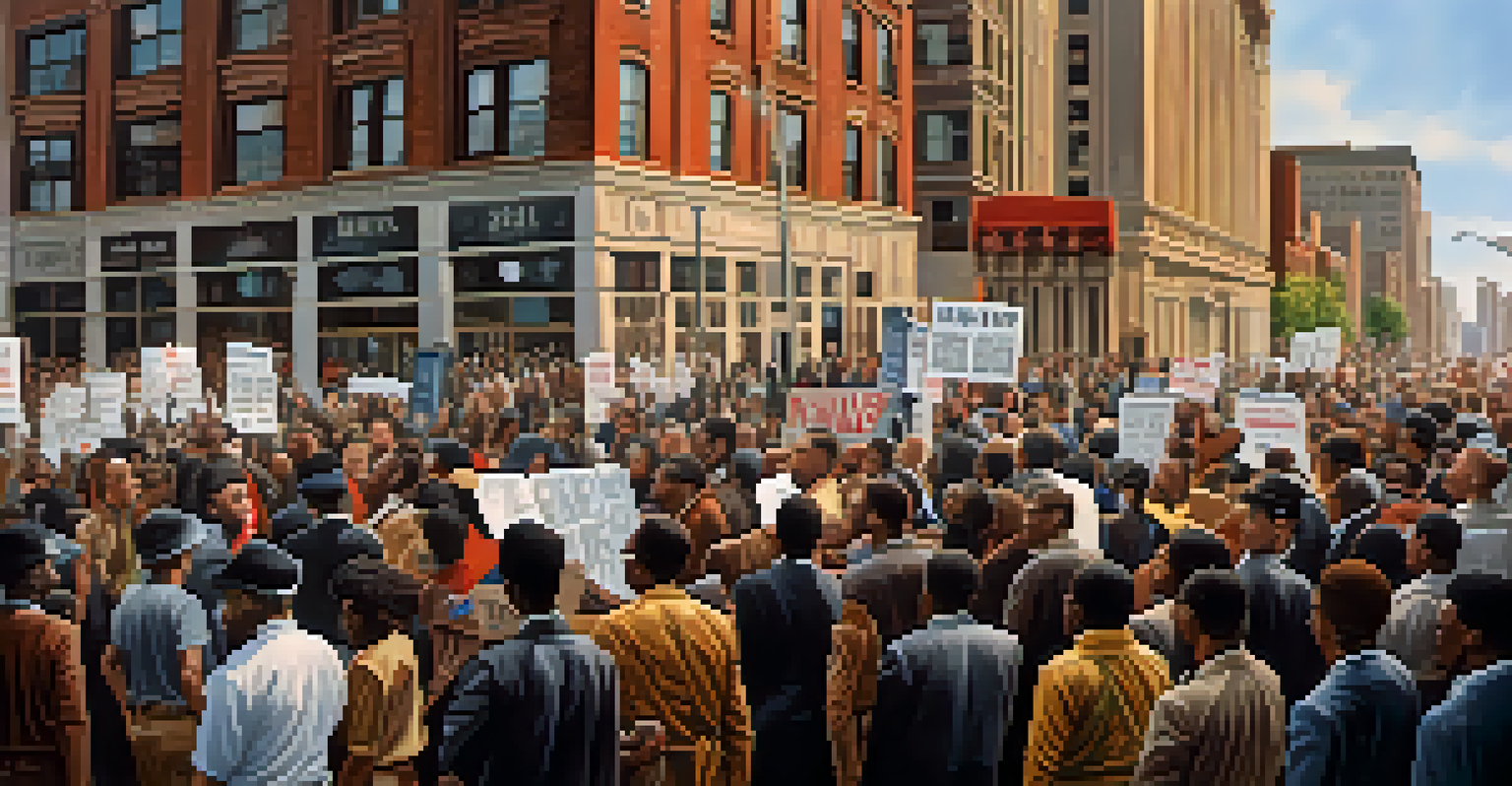 Civil rights activists protesting in Chicago during the late 1960s, holding signs for racial equality in front of a historic building.