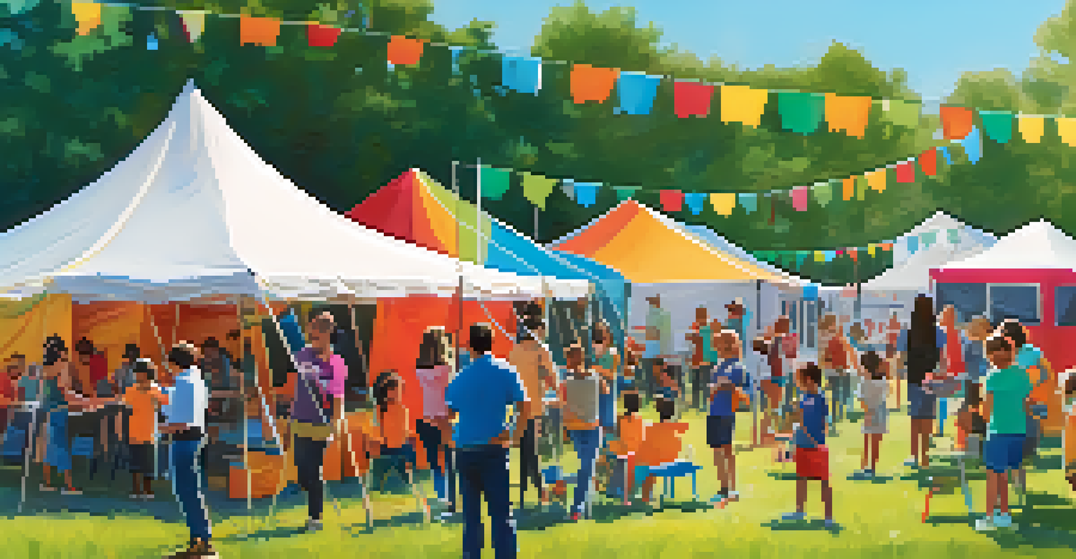 Families and children at an outdoor community tech fair, engaging in hands-on digital activities with colorful tents.