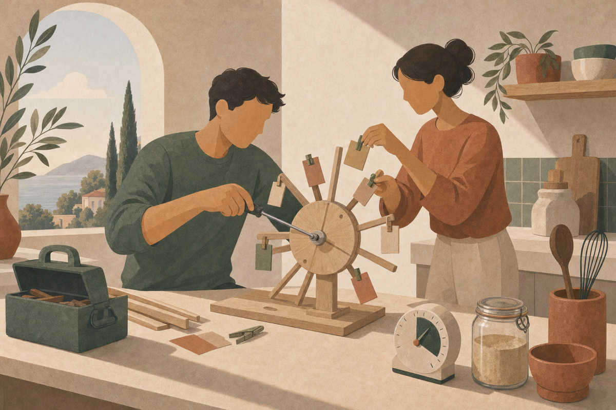 Two people building a makeshift shared shopping-list wheel in a kitchen, timer on counter
