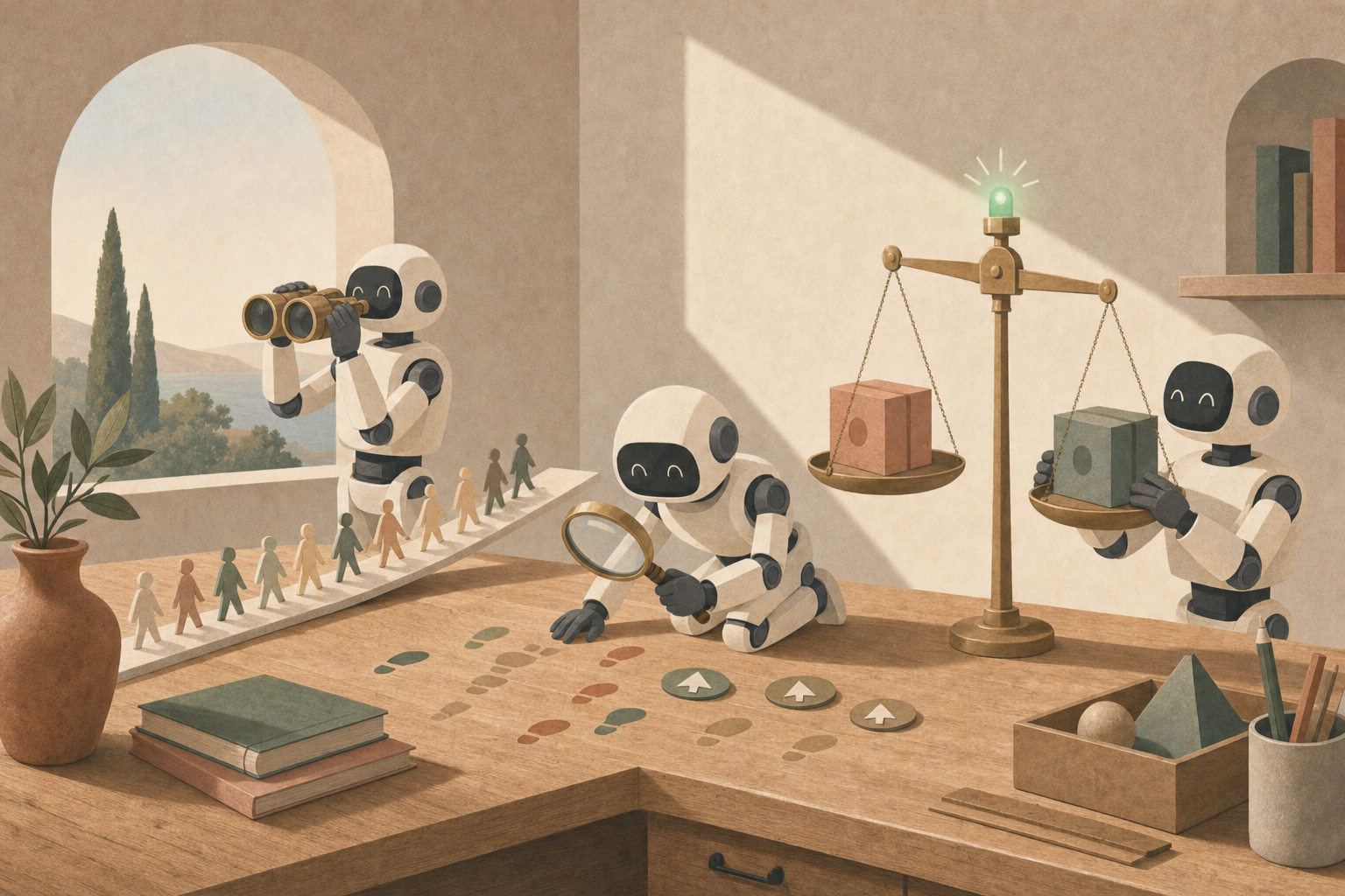 Three robots: one counting visitors, one examining footprints, one weighing two variants