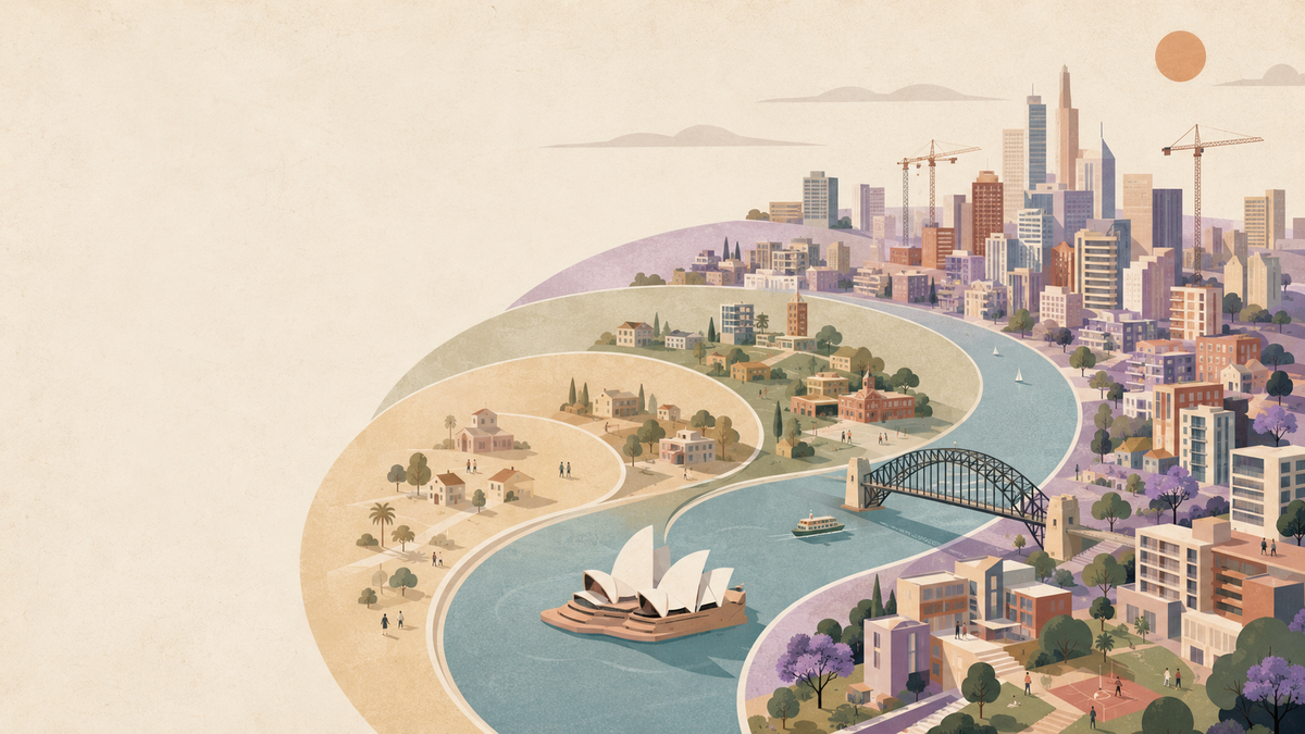 Illustrated Sydney cityscape arranged around the harbour and its changing neighbourhoods