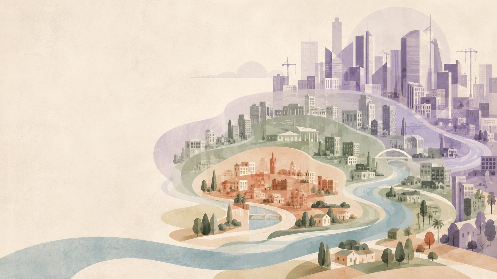 Illustrated Melbourne cityscape showing successive rings of demographic change