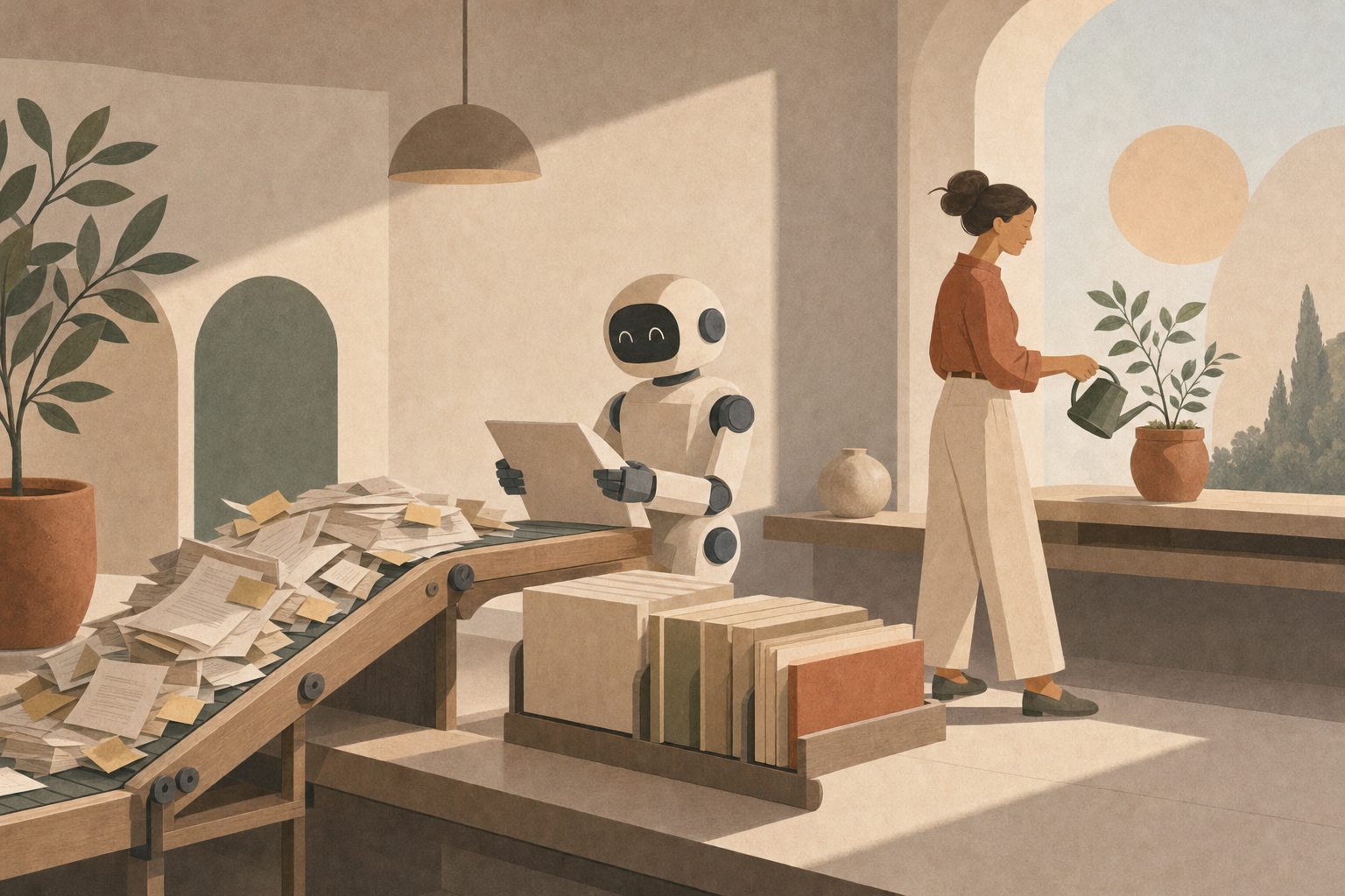 Person relaxing while robot converts paper pile into neat sorted files
