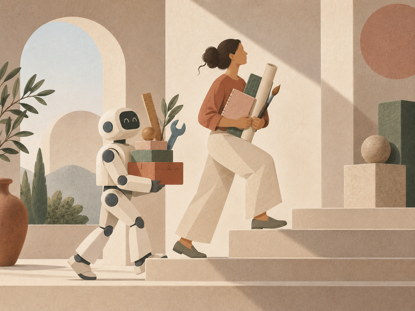 Woman carrying sketchbooks up the stairs with a robot following behind carrying tools