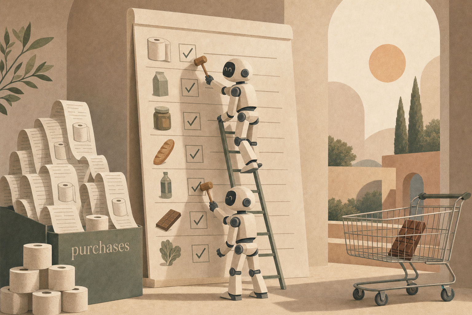 Robots tapping a giant checklist produce piles of identical receipts and toilet-paper stacks