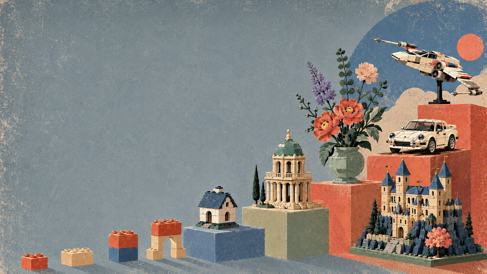 Illustrated Lego landmarks, vehicles and flowers arranged as a growing product range