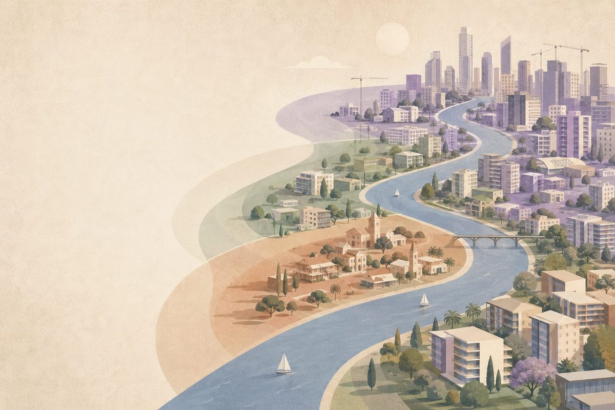 Illustrated Brisbane cityscape following the river through changing neighbourhoods