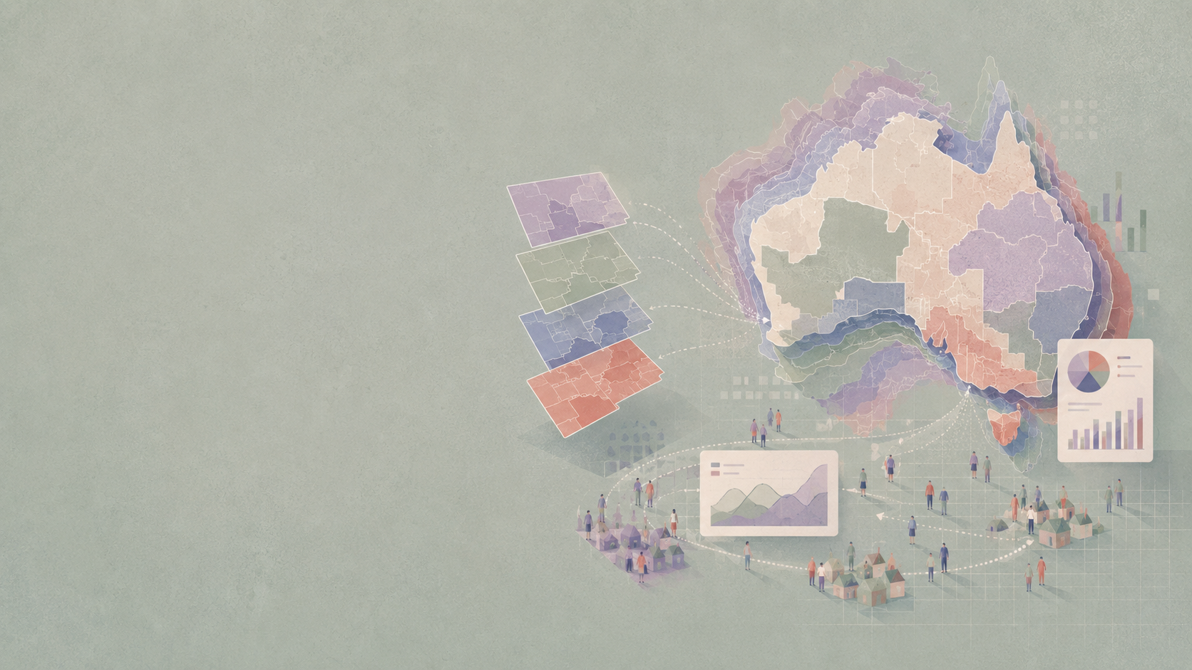 Map of Australia built from stacked boundary layers, with charts and small groups of people around it