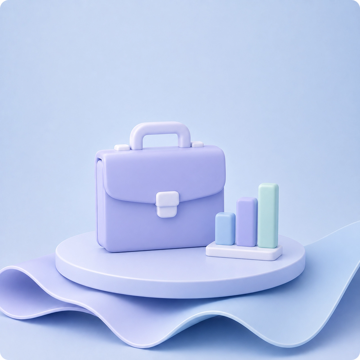 3D illustration of a briefcase beside a rising bar chart, representing business growth and performance.