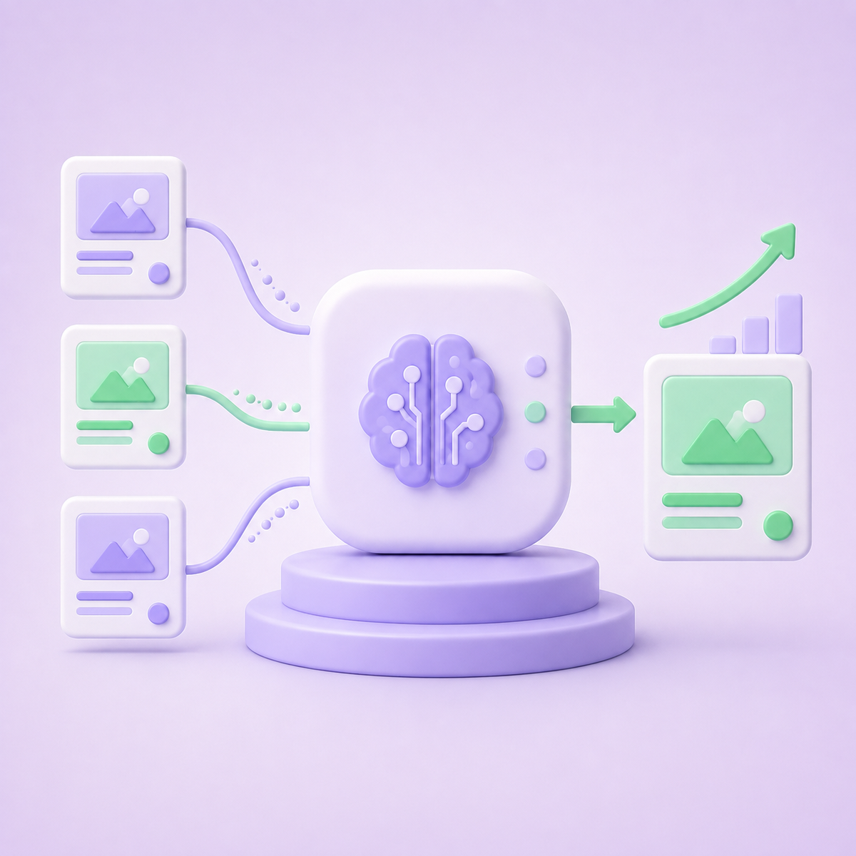 3D illustration of AI system turning multiple ad creatives into an optimized ad with improved performance.