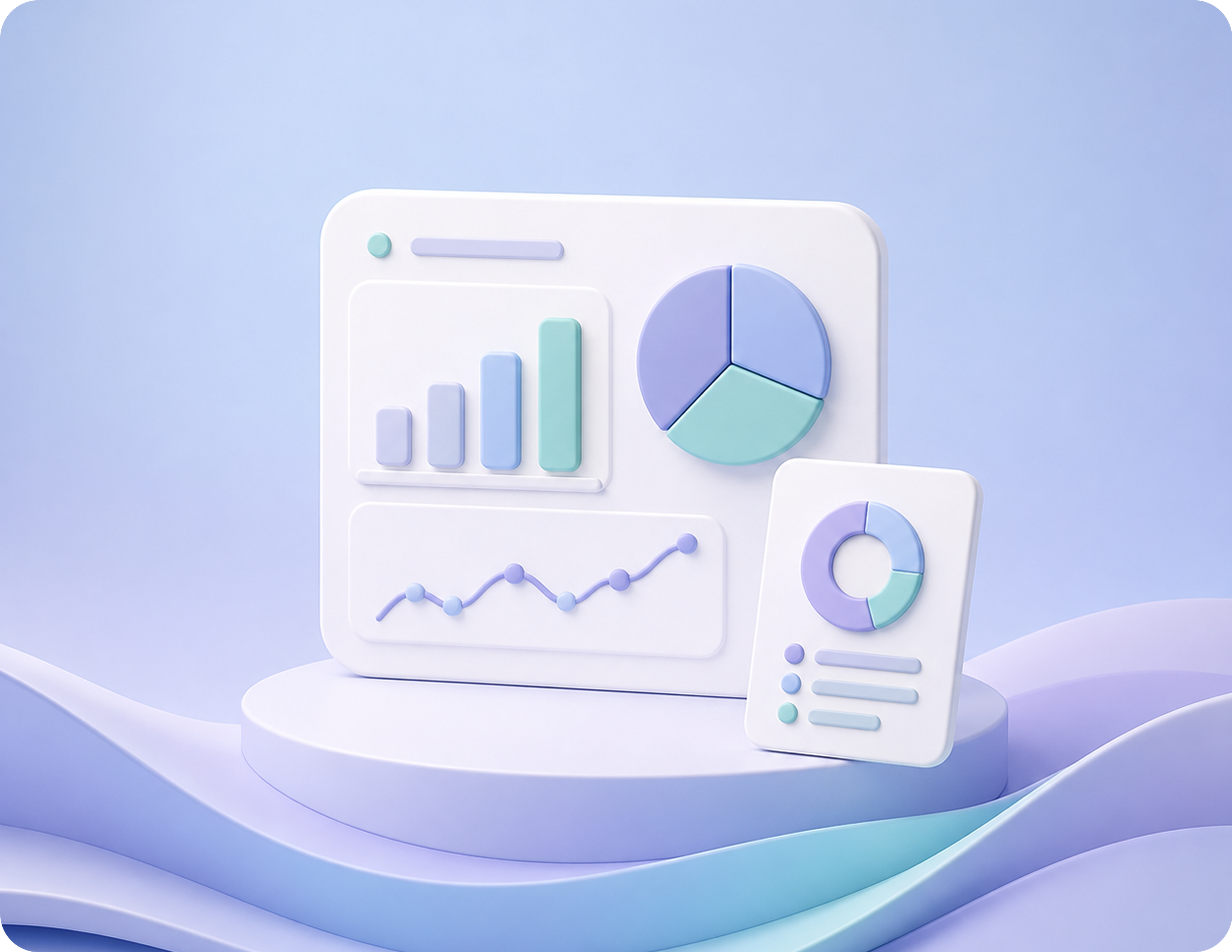 3D illustration of an analytics dashboard with bar, line, pie, and donut charts representing performance insights and reporting.