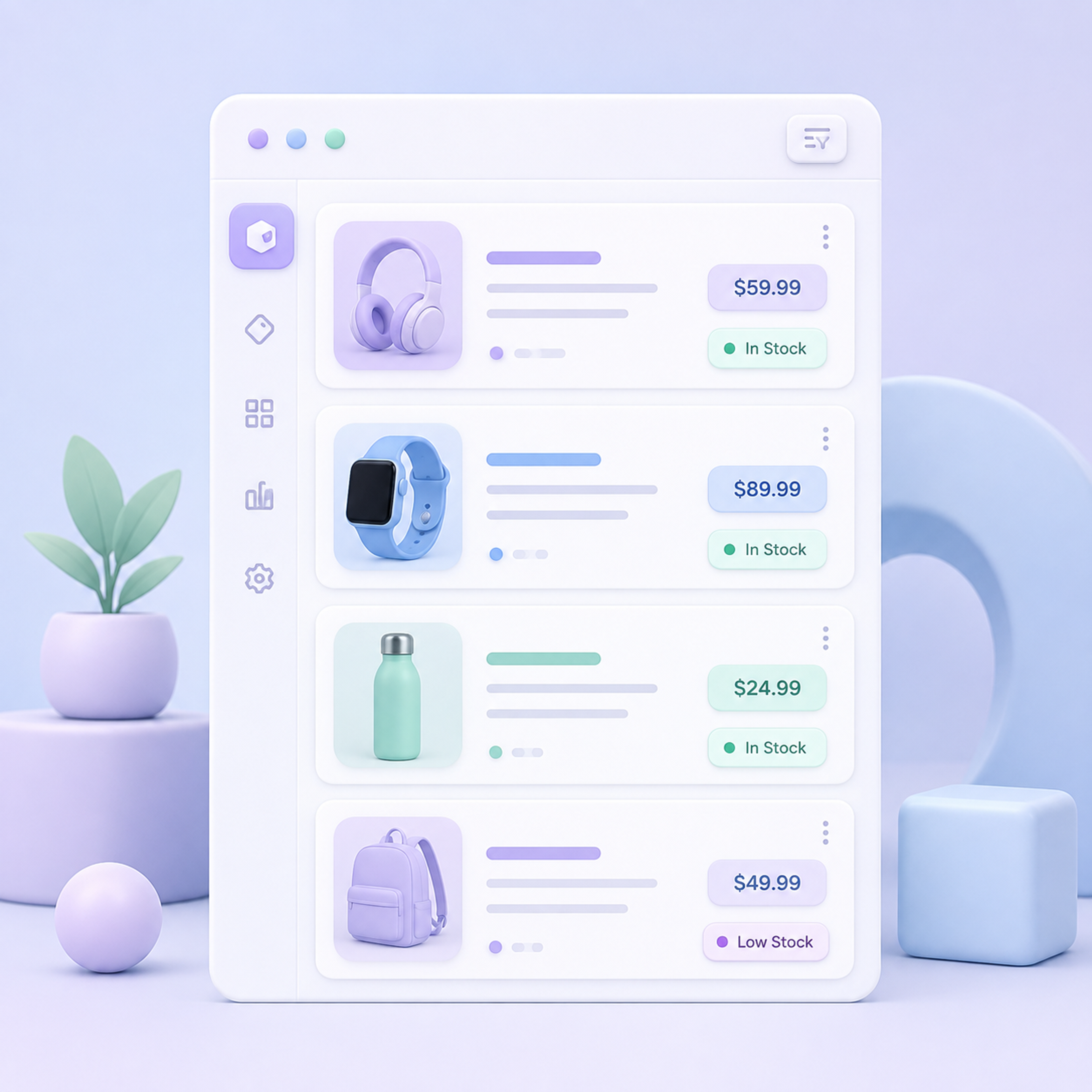 3D illustration of a product catalog showing headphones, a smartwatch, and a backpack with prices and stock status.