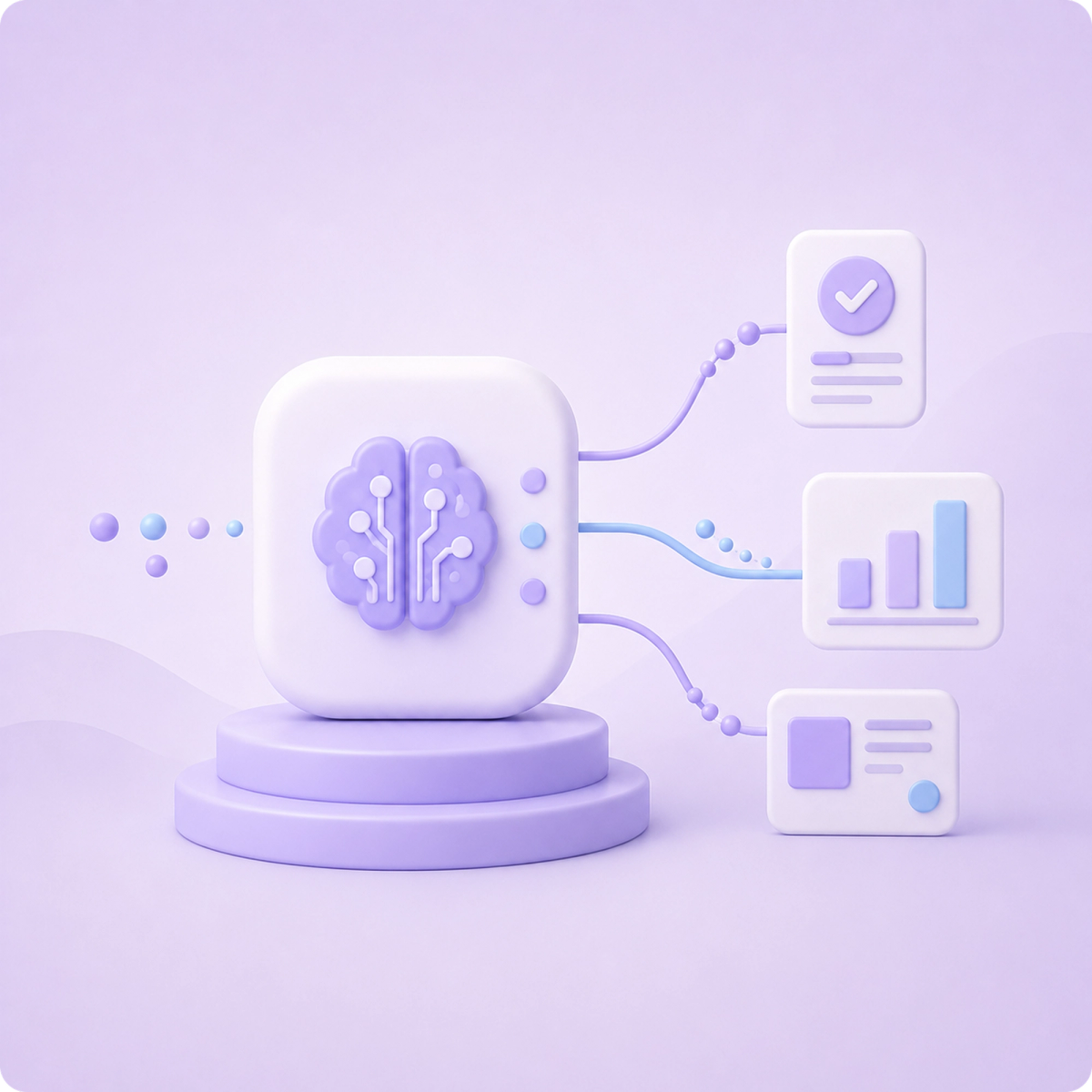 3D illustration of an AI system connected to analytics and content modules, representing automated ad optimization.
