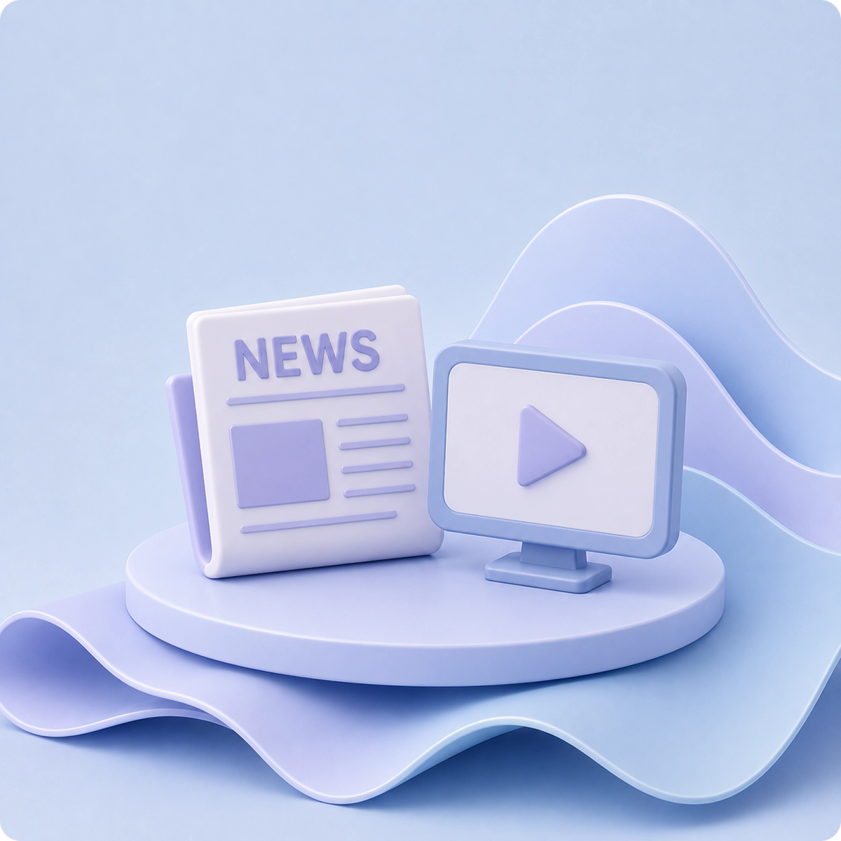3D illustration of a newspaper and video screen, representing news, media, and digital content.