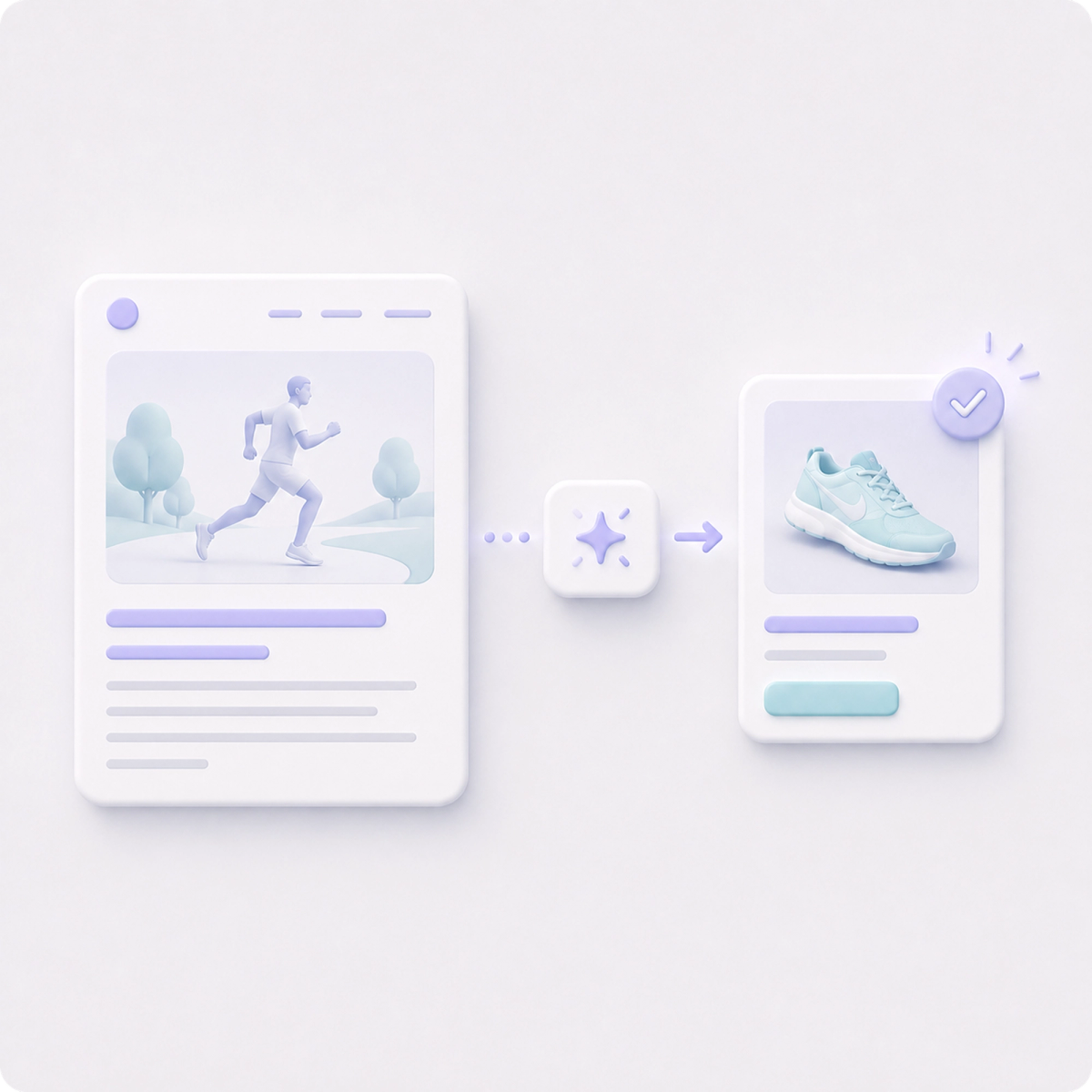 3D illustration of how contextual advertising matches a sports article with a relevant running shoe ad.