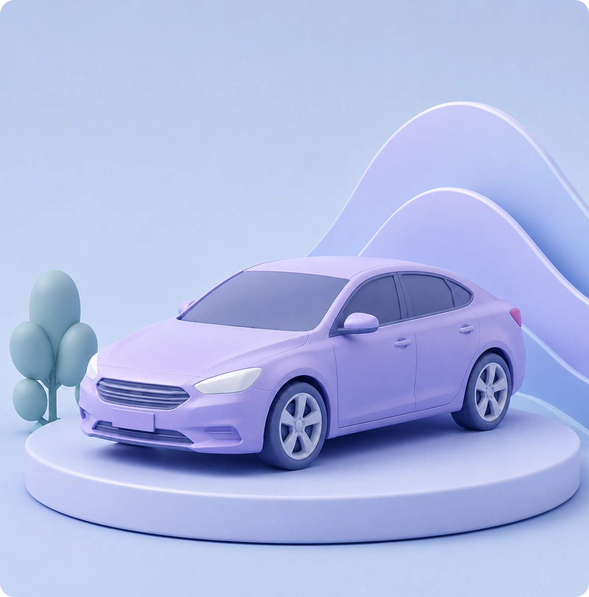 3D illustration of a pastel purple sedan on a platform, representing the automotive industry.