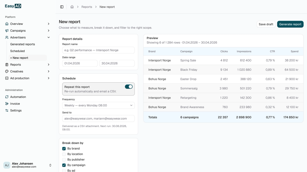 Report builder showing report details, scheduling options, breakdown filters and a preview of campaign performance data.