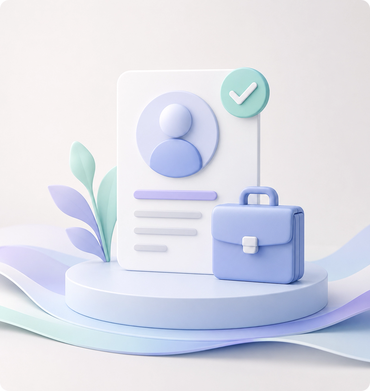 3D illustration of a verified professional profile with a briefcase, representing recruitment ads.