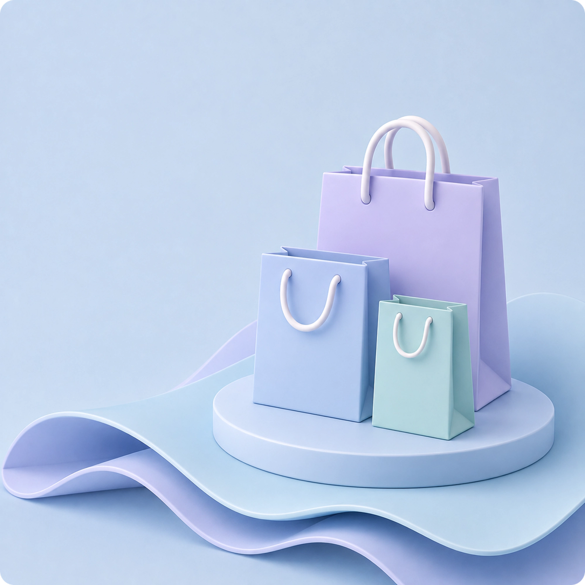 3D illustration of three pastel shopping bags in different sizes, representing retail and e-commerce.