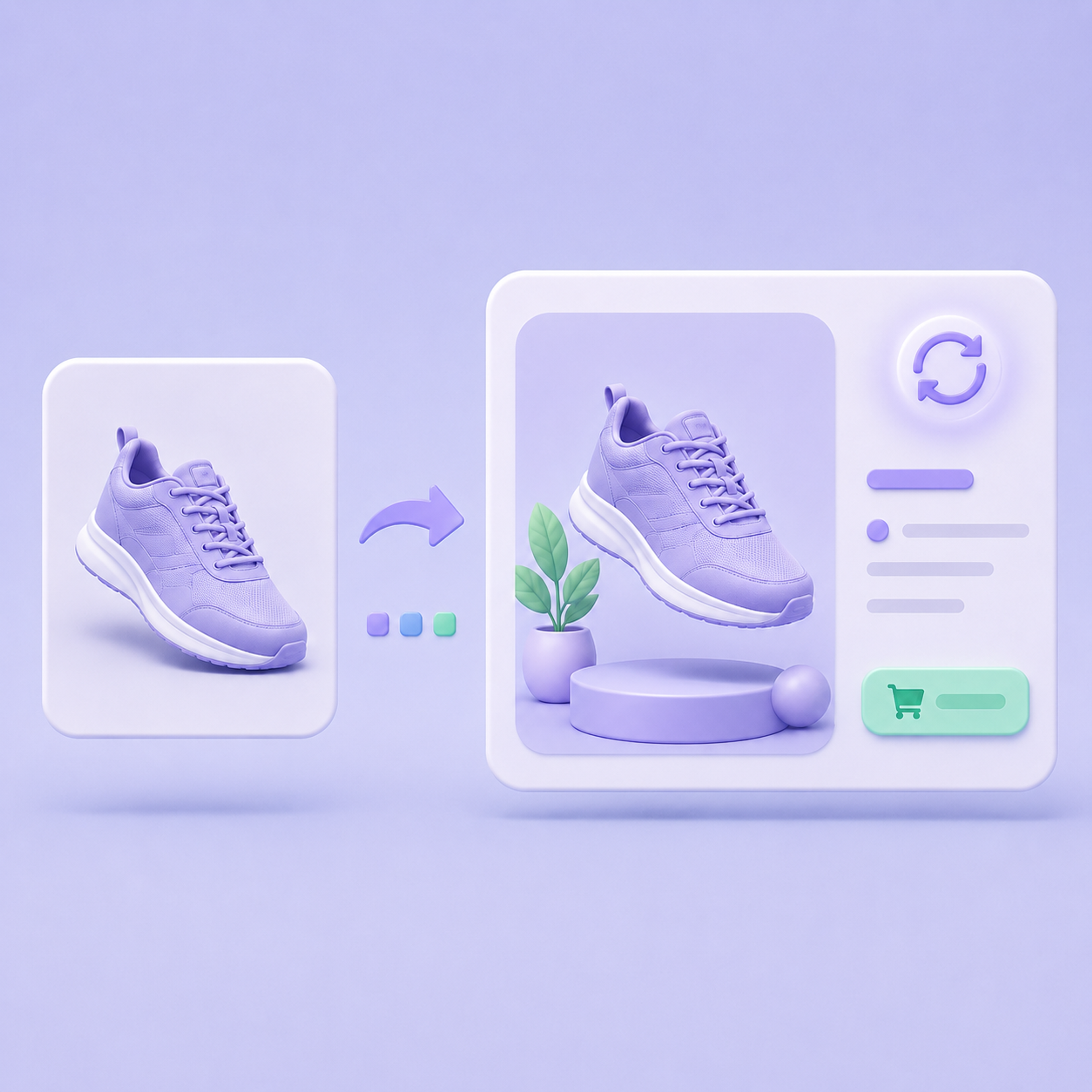 Sneaker product image transformed into a polished digital ad with styled imagery, refresh controls, and a shopping call to action.