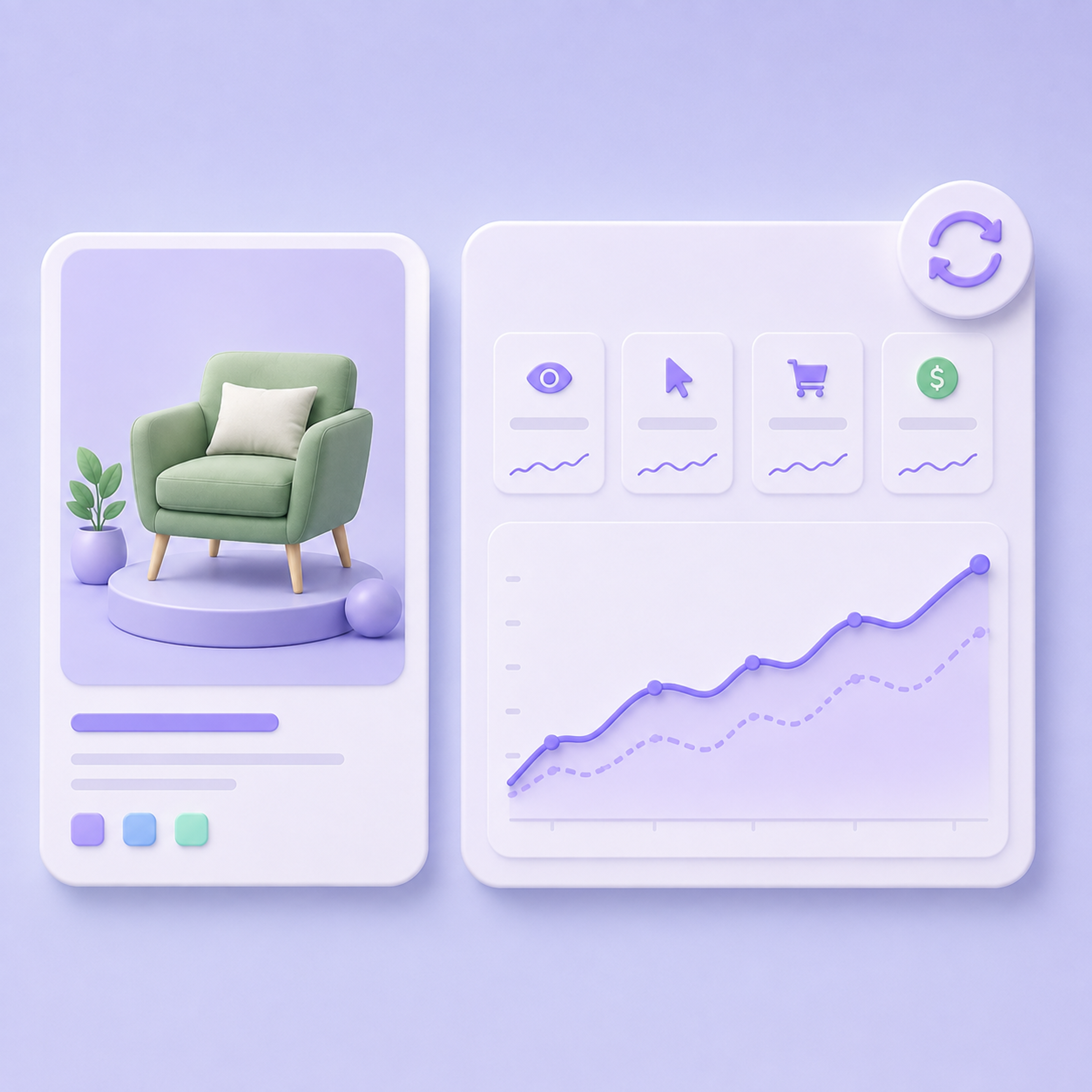 Product ad for a green armchair shown alongside an analytics dashboard with performance metrics and an upward-trending graph.