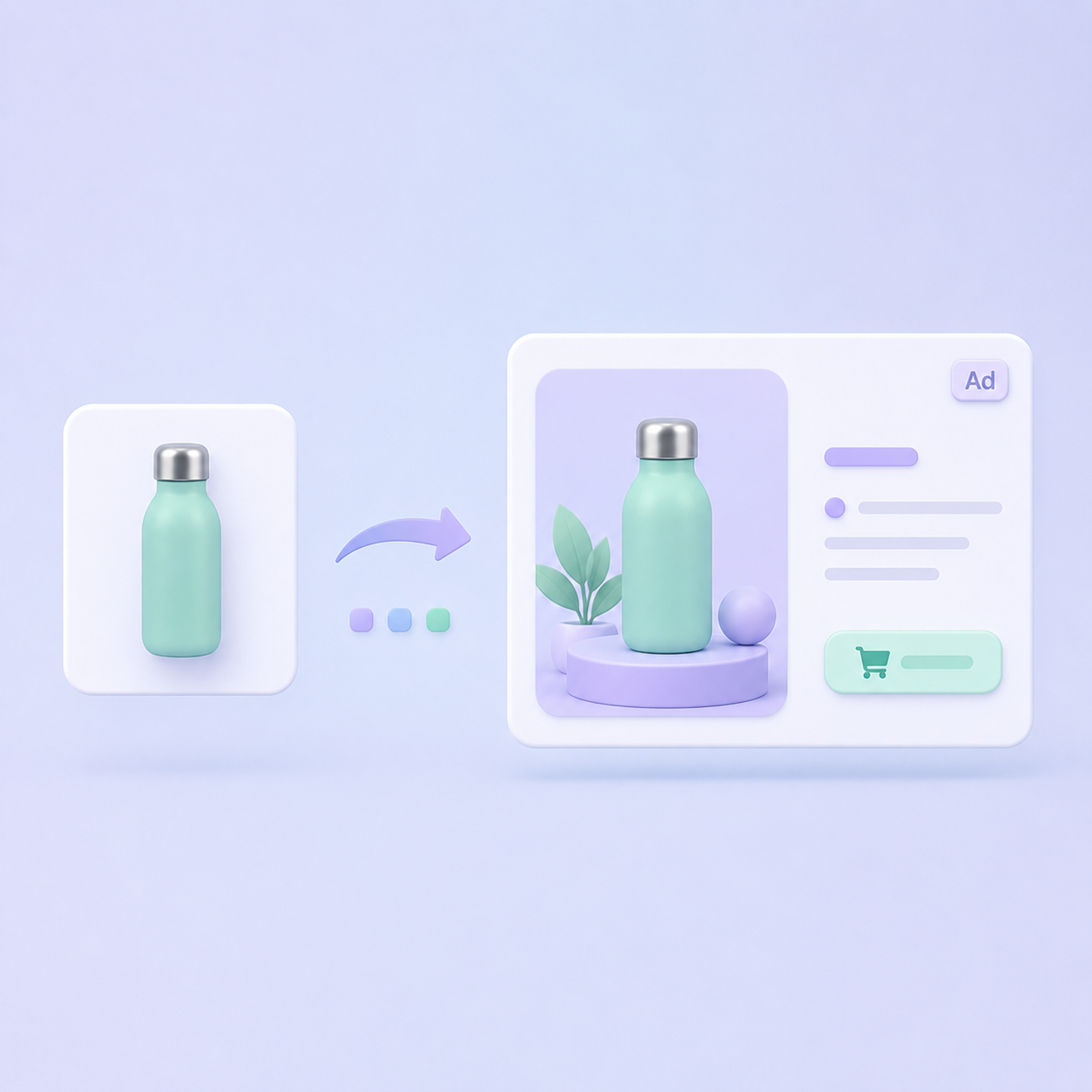 Product bottle being transformed into a polished digital ad with styled imagery and a shopping call to action.