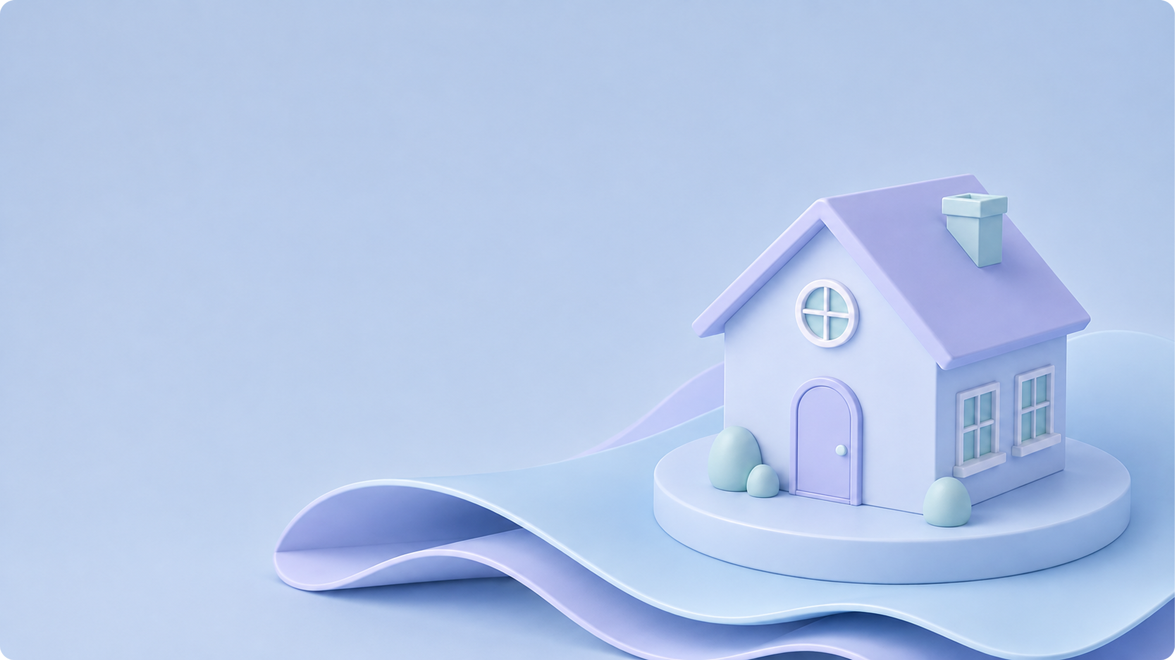 3D illustration of a pastel house on a platform, representing real estate and housing.