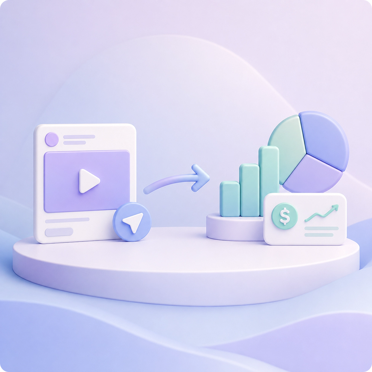 3D illustration a digital ad transforming into performance analytics with charts, representing results and optimization