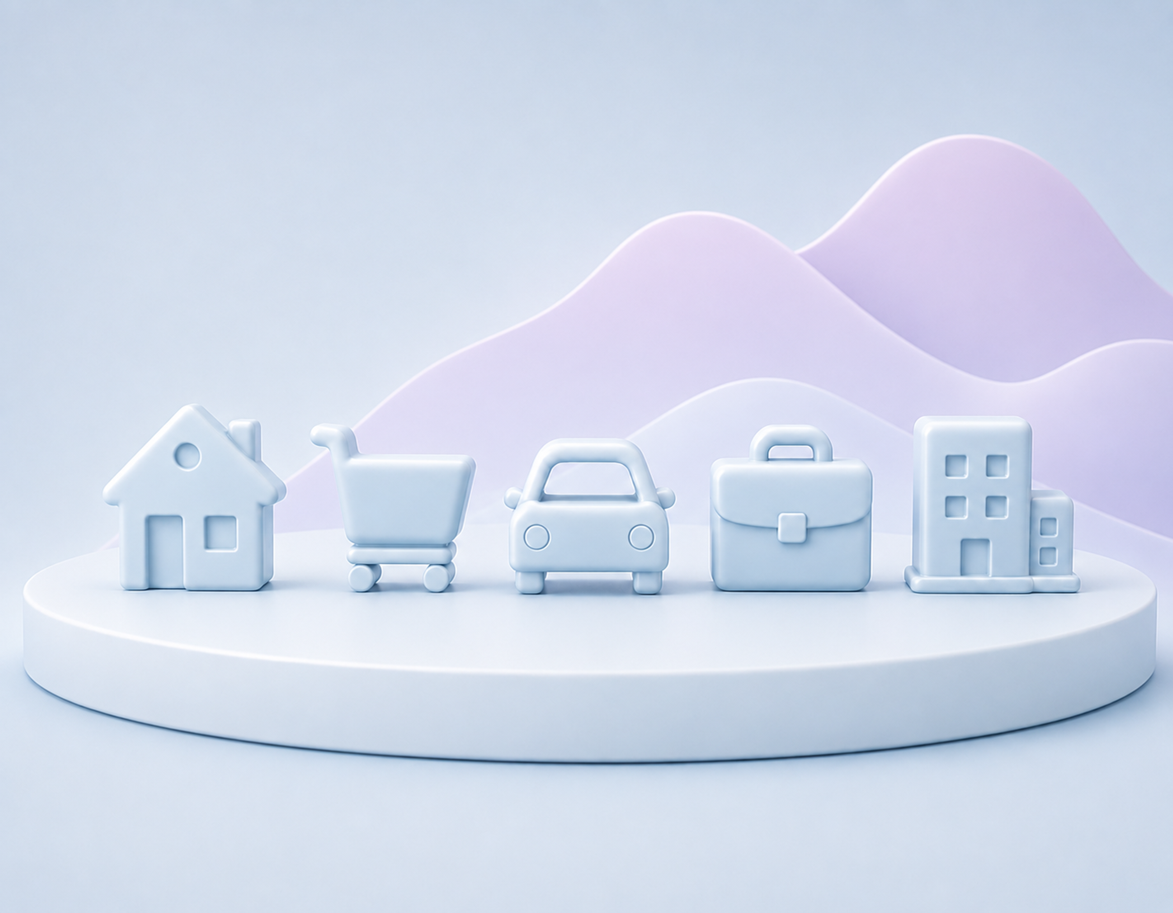 3D illustration of a house, shopping cart, car, briefcase, and office building representing different business and consumer categories.
