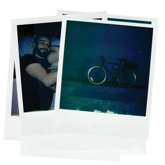 Polaroid photographs featuring a person and a bicycle leaning against a wall