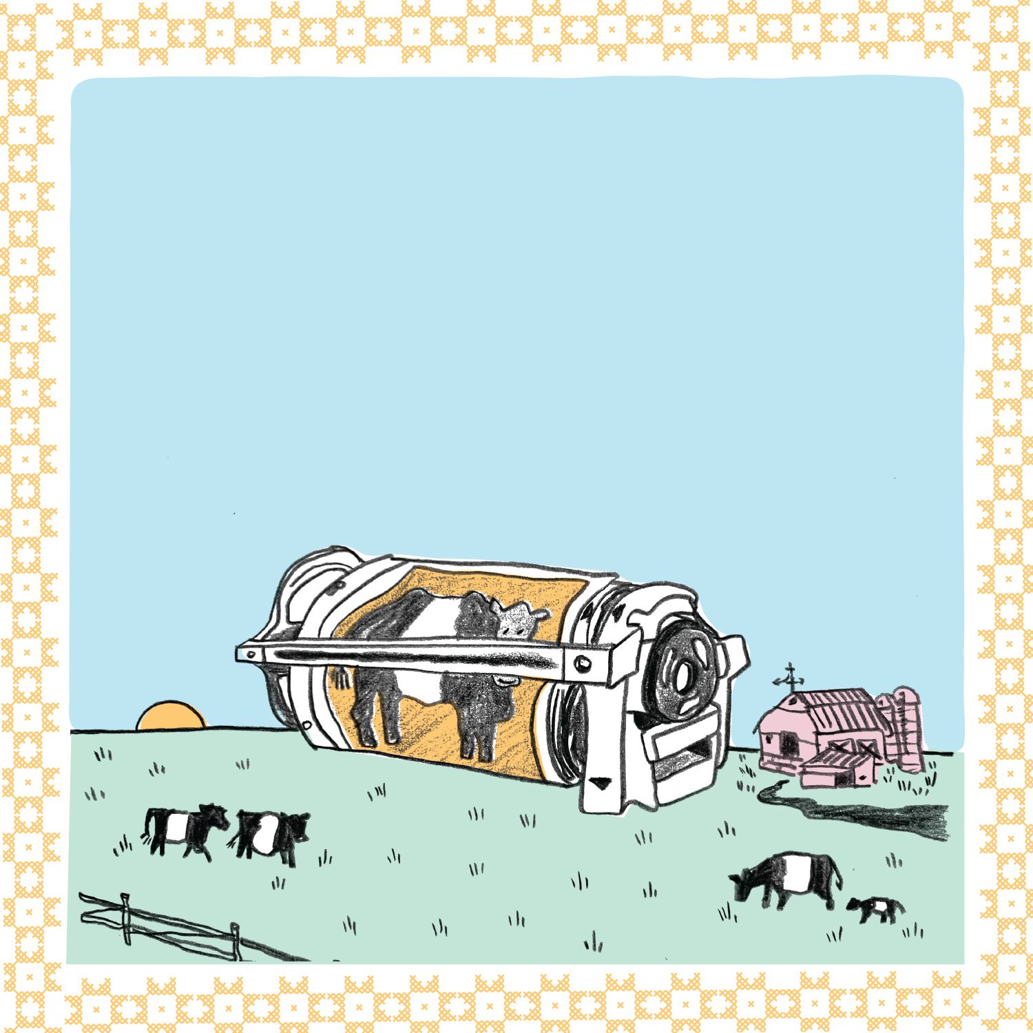 illustration of a larger-than-life riso drum next to a barn in a field of cows