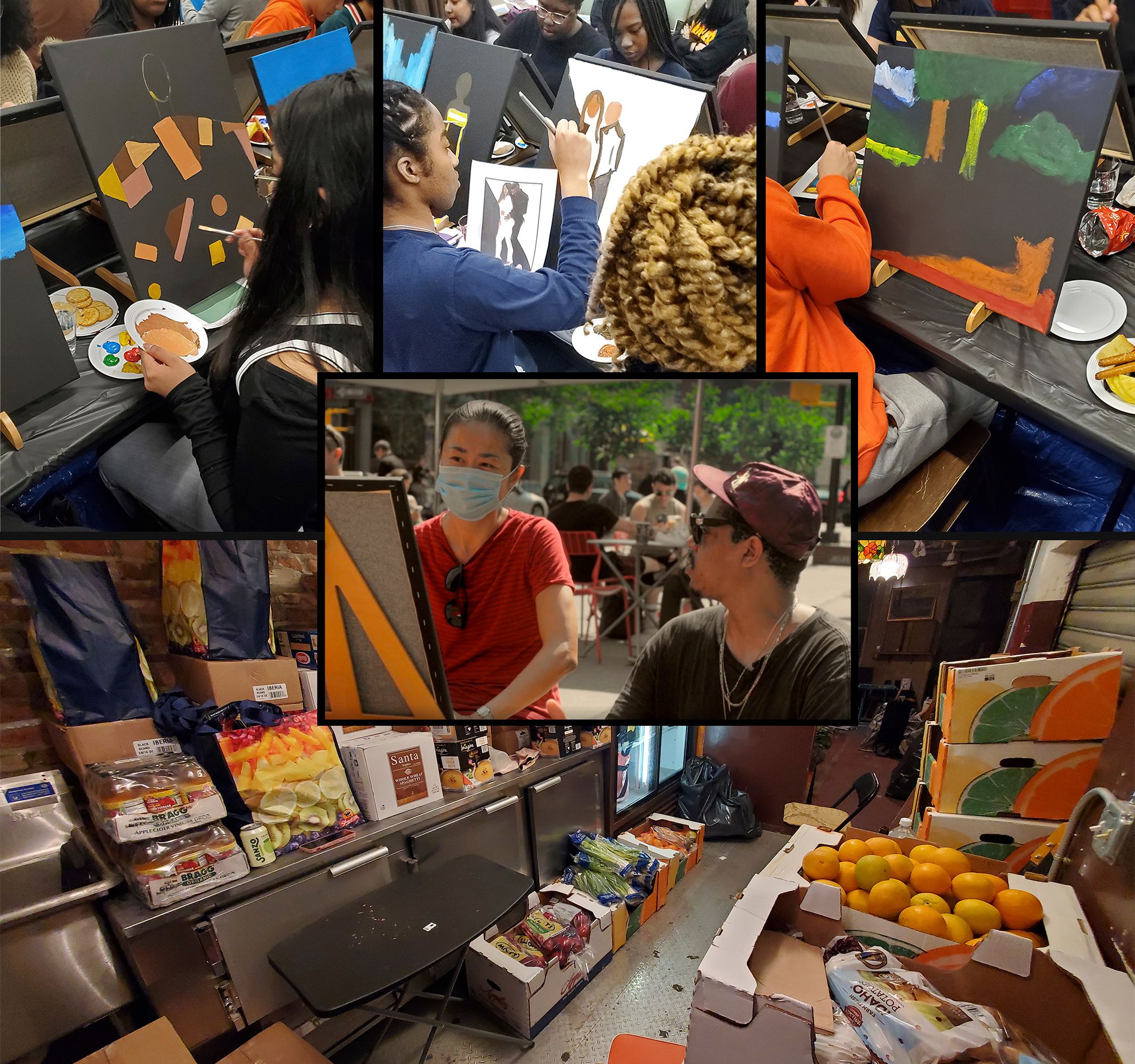 Collage of images including people painting and images at a food bank.