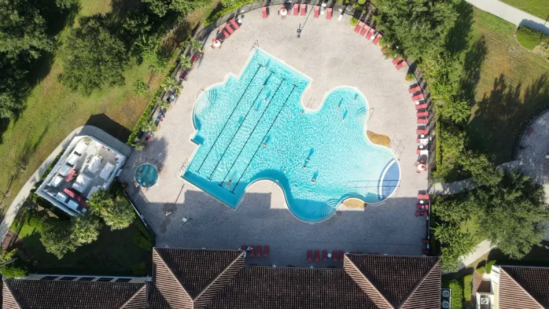 Birdseye view of the pool and lounge area.