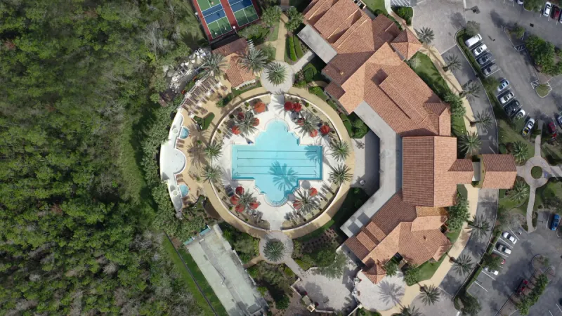 Bird's eye view of the pool at The Palms amenity center