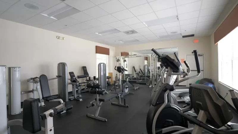 A well-equipped gym with rows of machines and weights with large windows letting in natural light.