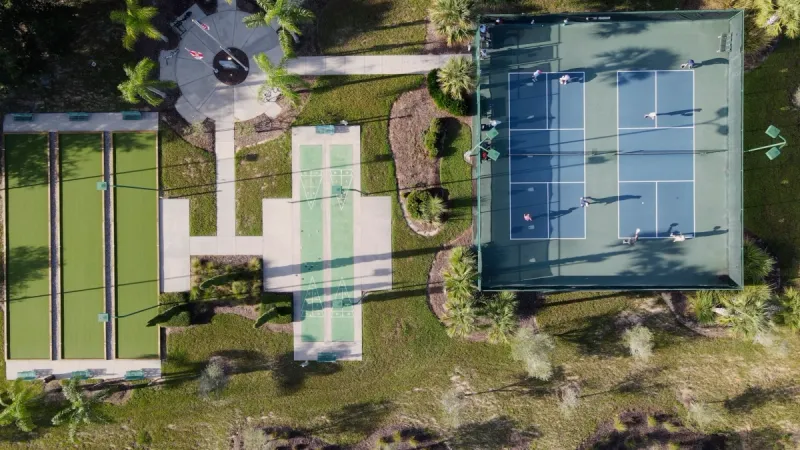 Aerial view of the sports courts at Heritage Hills.