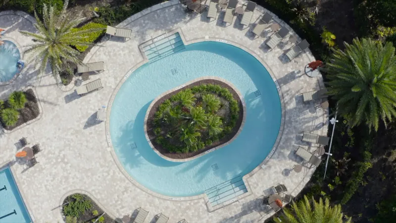Aerial view of resistance pool and lounge areas.