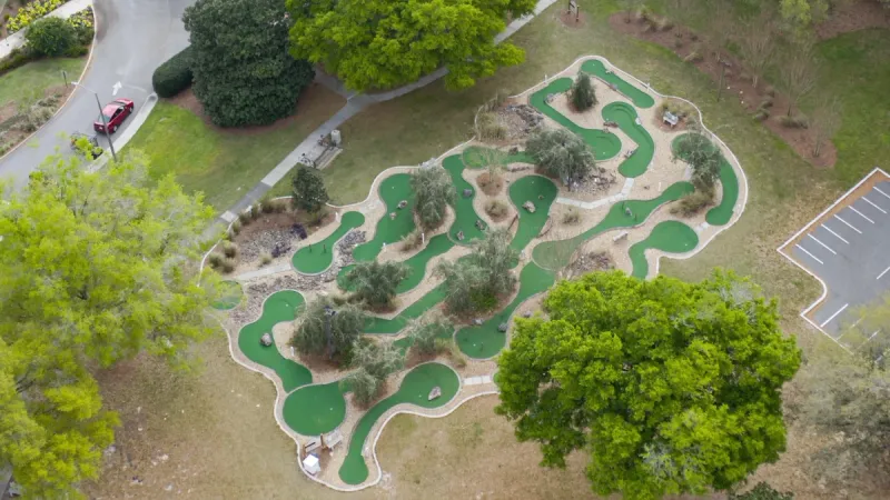 Perfectly landscaped miniature golf course.