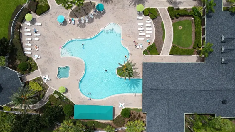 Birds eye view of the Summit Greens outdoor pool and spa.