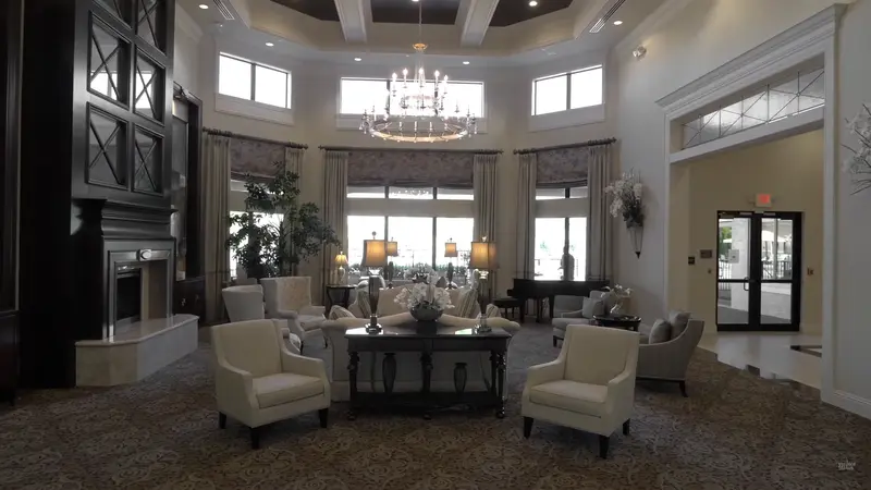 Spacious and elegant lobby at Valencia Cove with comfortable seating and large windows.