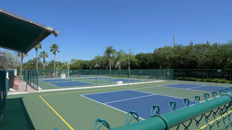 A view of well-maintained sports courts, featuring tennis or basketball courts, surrounded by lush trees in the background.