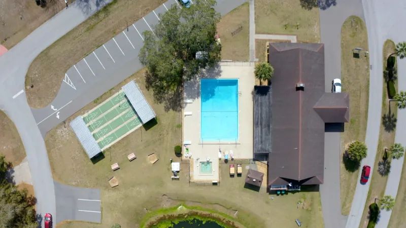 Birdseye view of the Pine Run Estates amenity center, pool and bocce courts.
