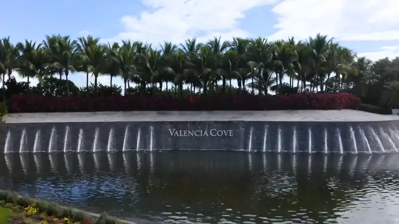 Waterfall feature at the entrance of Valencia Cove community.