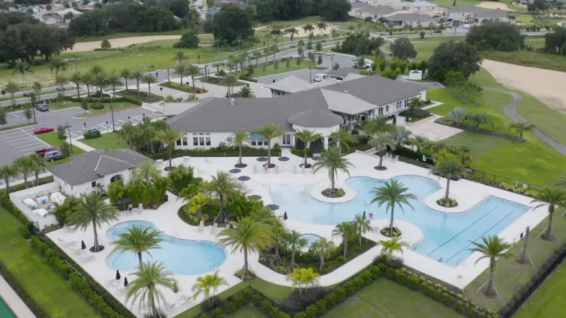 Arial view of clubhouse and pool