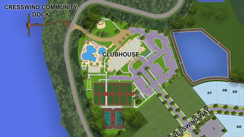 A digital layout of the Cresswind community amenities featuring the clubhouse, community dock, and surrounding areas.
